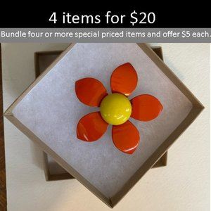 60's Bright Orange Metal Flower with Yellow Center Brooch Broach Pin